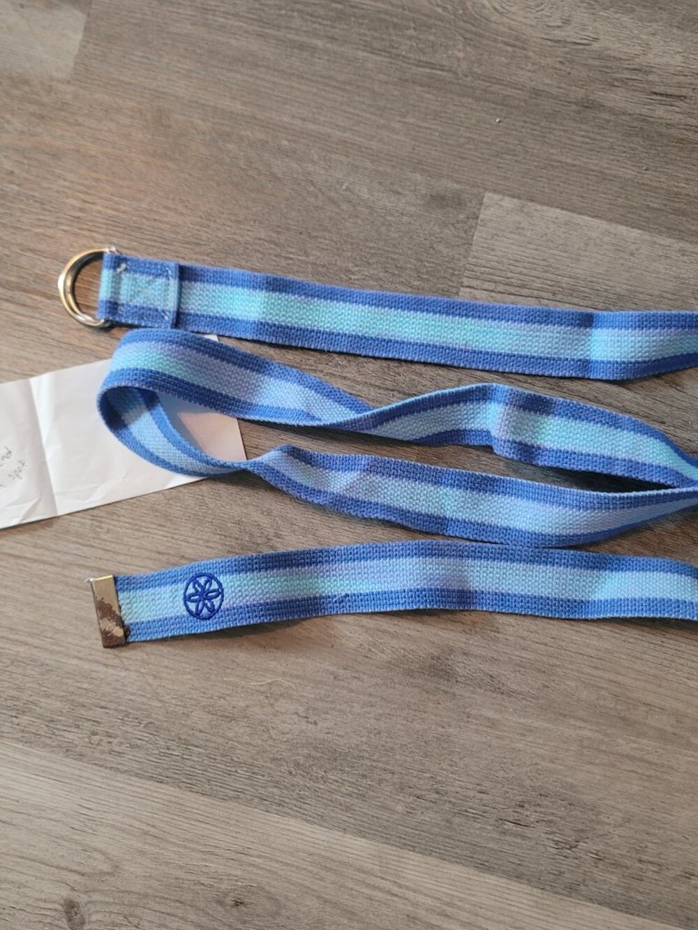 Multiple shades of blue Gaiam yoga mat strap - has spots - approx 66" x 1.5"